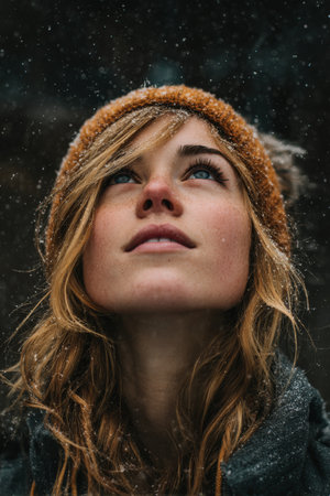Young woman gazing up at falling snow in a scenic outdoor setting during winterの素材