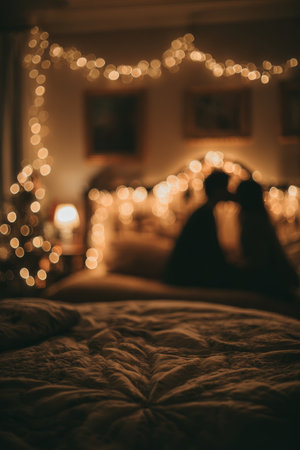 Intimate moment between a couple in a cozy, softly lit bedroom decorated with string lightsの素材