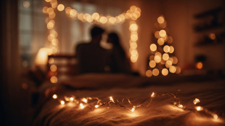 Cozy evening with warm lights and a couple sharing a moment in a decorated roomの素材