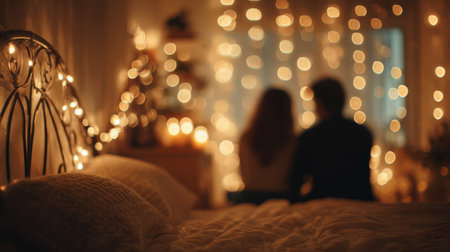 Cozy evening with fairy lights in a bedroom setting as a couple enjoys quiet time togetherの素材