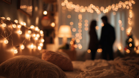 Intimate moment between a couple in a softly lit room with fairy lights and cozy decorの素材