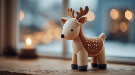 Wooden reindeer figurine on a table with warm candlelight during winter eveningの素材