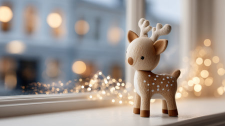Charming wooden deer figurine stands on a windowsill with soft glowing lights in the background during the winter seasonの素材
