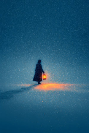 Figure walking alone in a snowy landscape while holding a glowing lantern at twilightの素材