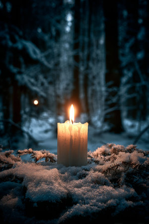 Light of a candle shines brightly in a snow-covered forest during a winter nightの素材