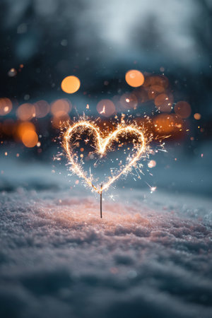 Heart shaped sparkler shines brightly in snowy winter setting during eveningの素材
