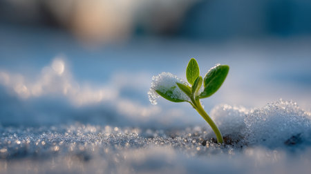 New plant sprouting through snow in early spring morning lightの素材