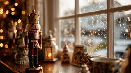 Beautiful nutcracker stands by a rainy window during the holiday season, surrounded by festive decorations and warm lightsの素材