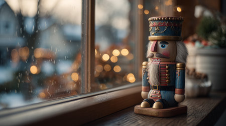 Nutcracker figurine by the window during winter season, with holiday lights in the backgroundの素材