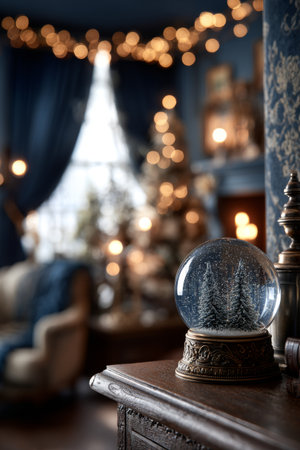 Cozy holiday decoration featuring a snow globe in a warmly lit room with festive lights and a Christmas treeの素材