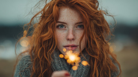 Young woman with wavy red hair holding a sparkler while looking at the camera during a chilly eveningの素材