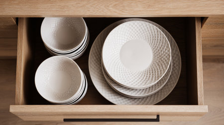 Neatly arranged dinnerware in a wooden drawer for a modern kitchen setting in a homeの素材