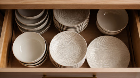 Organizing ceramic tableware in a wooden kitchen drawer for easy accessの素材