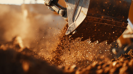 Excavator digging soil and creating dust at a construction site during sunlight hoursの素材