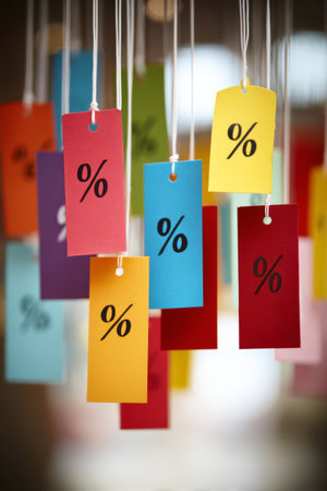 Colorful discount tags hanging from strings in a retail store during a sale eventの素材