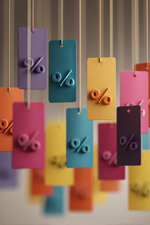 Colorful tags with discount symbols hang from strings in a shop displayの素材
