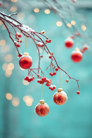 Beautiful red ornaments hanging from snow-covered branches, creating a festive winter atmosphere in a serene outdoor settingの素材