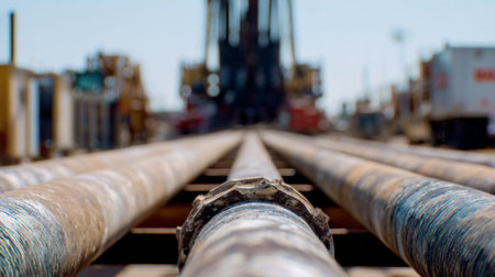 Long pipes leading to drilling equipment at an oil site under clear blue skyの素材