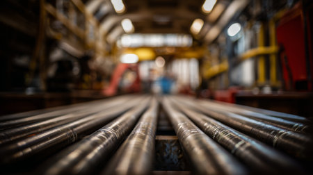 Industrial workshop displaying large metal pipes arranged on a workbench in a busy environmentの素材