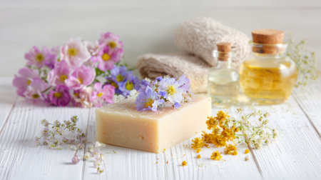 Relaxing spa setup with natural soap, essential oils, and fresh flowers on wooden surfaceの素材