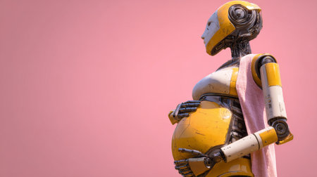 Futuristic robot figure wearing a pink cloth, representing motherhood in a minimalistic aesthetic settingの素材