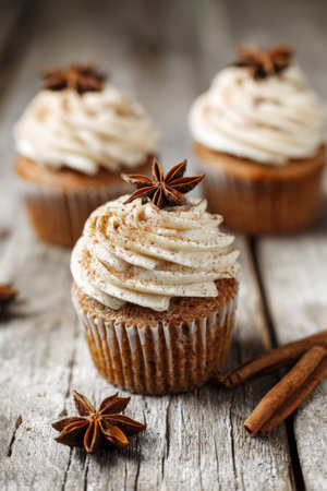 Delicious cupcakes topped with creamy frosting and star anise on a rustic wooden tableの素材