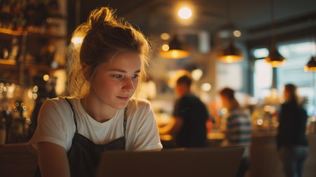 Young woman working on a laptop in a cozy cafe during the evening hours engaging with her tasks and enjoying the ambianceの素材