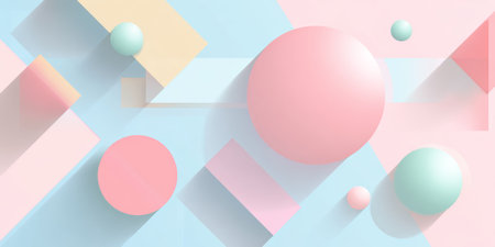 Colorful geometric shapes in pastel tones create an abstract background with depth and harmonyの素材