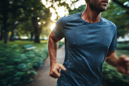 Jogging in a city park during sunset with natural greenery and warm lightingの素材