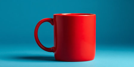 Bright red coffee mug against a vibrant blue background creating a striking contrast for a cozy atmosphereの素材