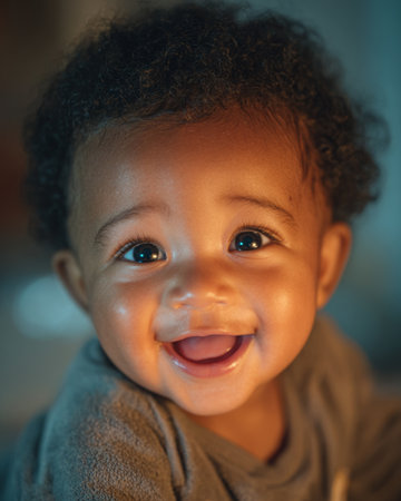 Smiling baby with curly hair expresses joy while playing indoors in warm evening lightの素材