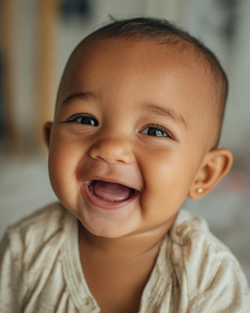 Happy baby with bright smile in warm indoor setting during morning playtimeの素材