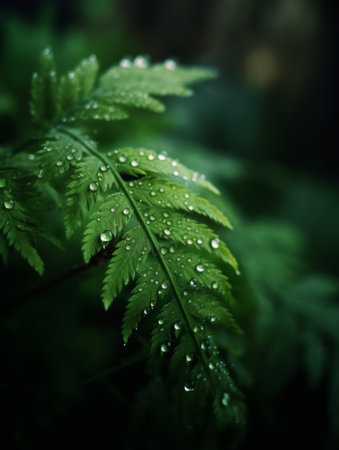 Dew glistening on vibrant green fern leaves in a lush forest setting after gentle rainの素材