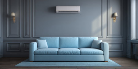 Modern blue sofa in a spacious, stylish living room with elegant wall details and soft lightingの素材