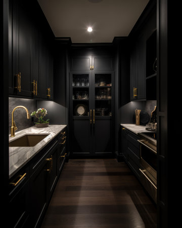 Elegant black kitchen with golden accents and contrasting marble countertops in a modern interior settingの素材