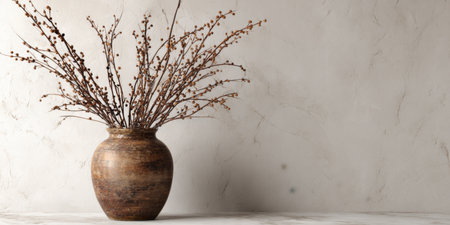 Natural decor with dried branches in a rustic vase on a neutral backgroundの素材