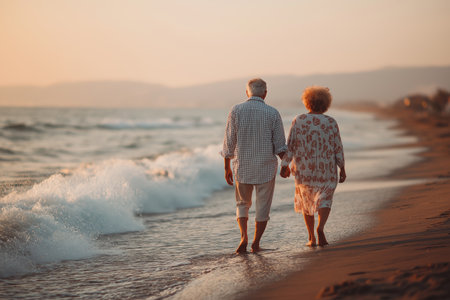 Couple walks hand in hand along a serene beach at sunset, enjoying their time together by the ocean wavesの素材