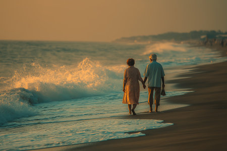 Elderly couple walks hand in hand along the beach at sunset, enjoying the peaceful waves and each others companyの素材