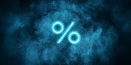 Neon percentage symbol glowing amidst swirling blue smoke in a dark background settingの素材