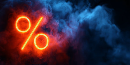 Bright neon percentage sign glowing amidst colorful smoke in a dark environmentの素材