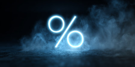 Bright neon percentage symbol illuminated in foggy atmosphere creating a dramatic effect in a dark settingの素材
