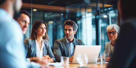 Group of professionals engage in discussion around a table during a meeting in a modern office settingの素材