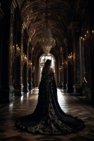 Elegant figure in a dark gown walks through a lavish palace corridor adorned with chandeliers and intricate designの素材