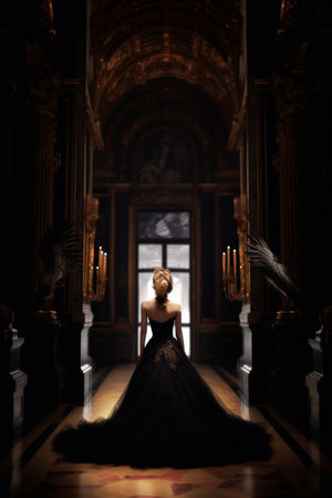 Elegant woman in dark gown standing in ornate hall with candlelight illuminating the surroundings at duskの素材