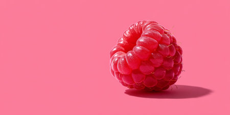Raspberry placed on a vibrant pink background showcasing its texture and color in a studio settingの素材