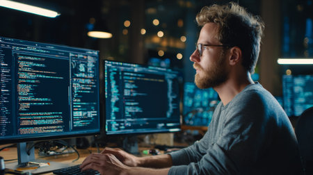 Man focuses on coding while working at multiple computer screens during late night hours in a tech officeの素材