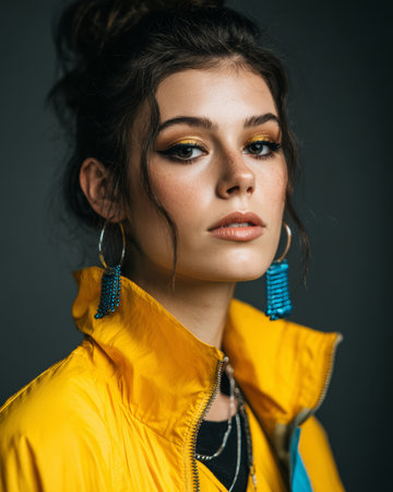 Young woman in bold yellow jacket with colorful earrings poses confidently in a studio setting during a fashion shootの素材