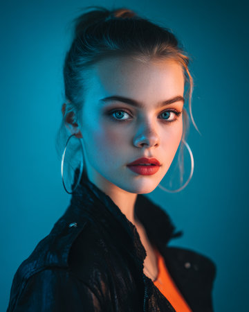 Young woman with hoop earrings poses against a blue background in a modern studio setting at nightの素材