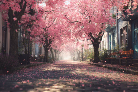 Cherry blossoms in full bloom create a serene path through a charming spring streetの素材