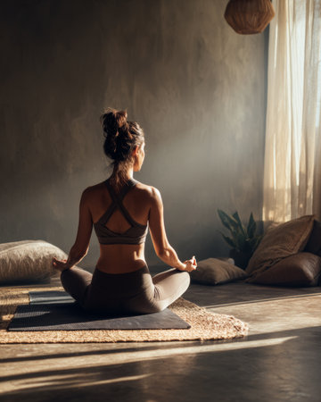 Meditation practice in a serene indoor space during early morning light with a focus on mindfulnessの素材